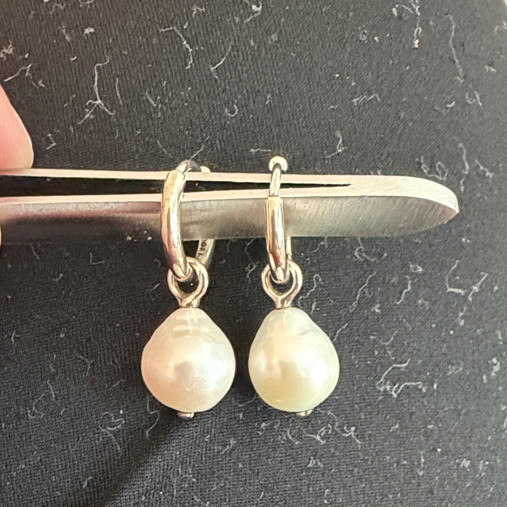 Pandora White Pearl Drop Hoop Earrings - Silver